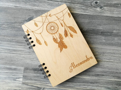 Personalisiertes Notizbuch A5 Traumfänger Holztagebuch maßgeschneidert graviert Boho Geschenk - Bild 2 von 10