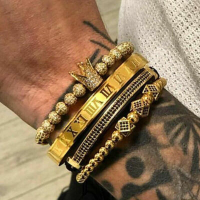 18kt Gold Plated CZ Crown Men Bracelet Roman Numeral Stainless