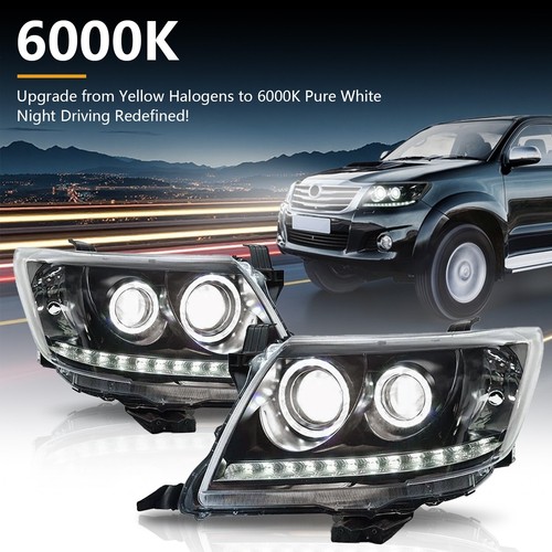 Pair Headlights for Toyota Hilux N70 2011-2015 Black HALO Angel Eyes Projector - Picture 7 of 11