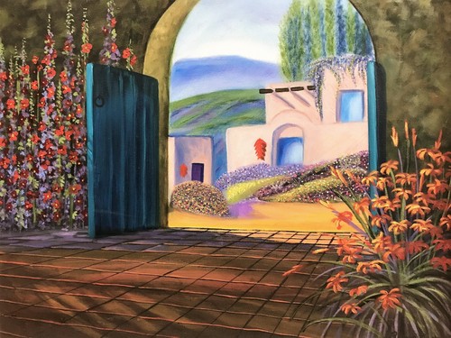 Spanish Villa Courtyard Gate Hollyhocks 20x24 Blancat Landscape Oil Painting Art - Afbeelding 3 van 5