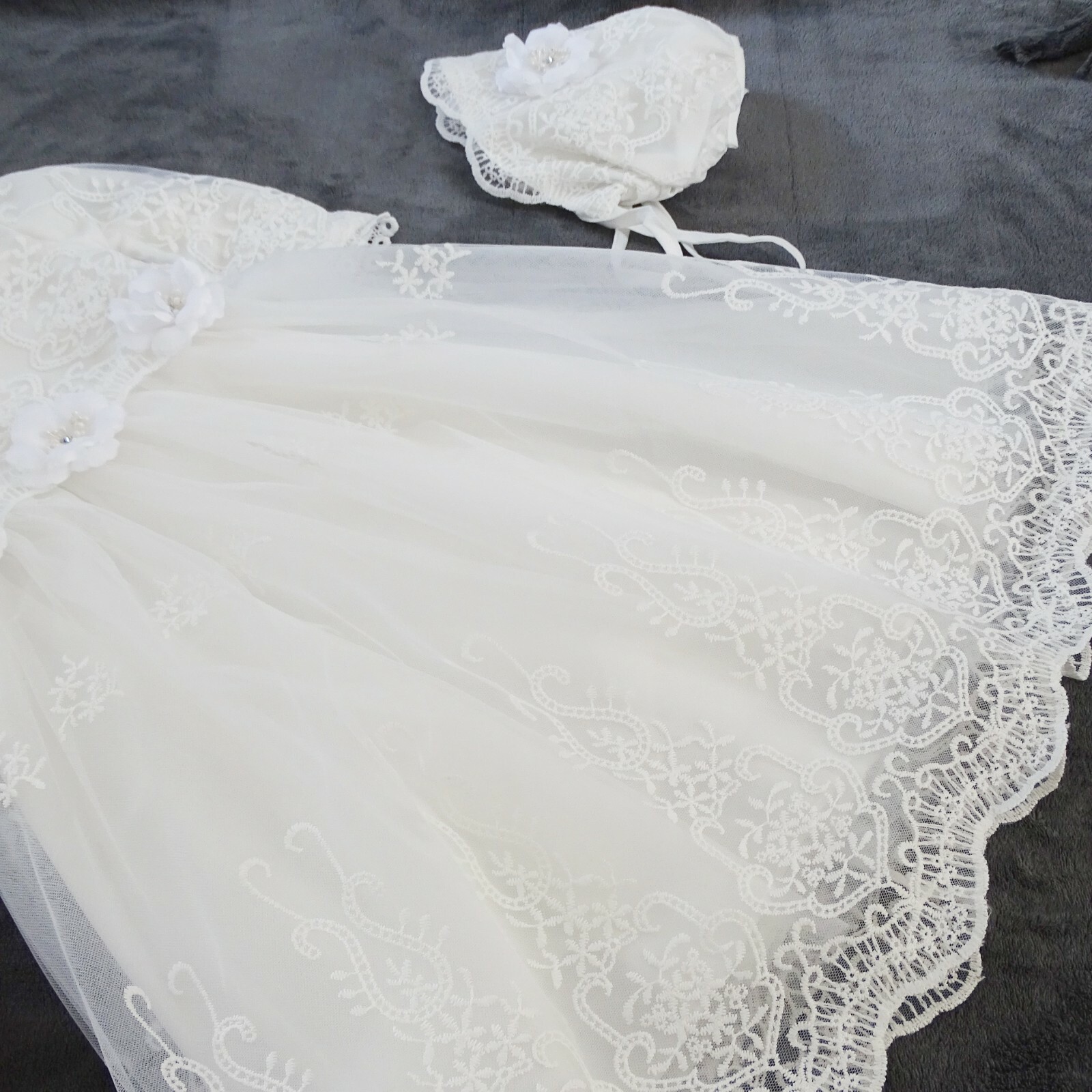 3-Tlg SET Taufkleid +Stirnband + Mutze Spitze 62,68,74,80,86,92,98 Navulprijs