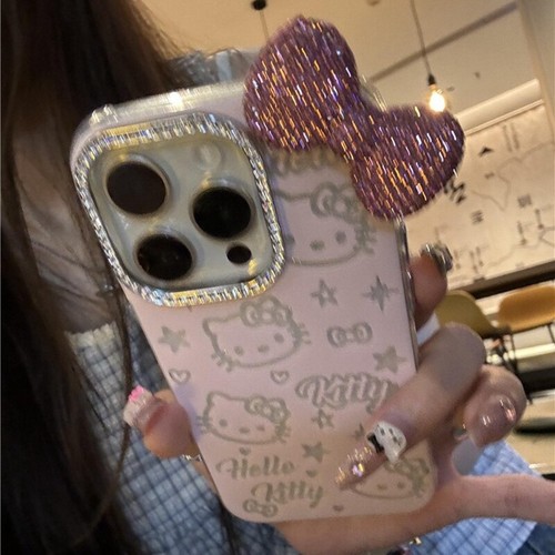 For iPhone 16 Pro Max 15 14 13 12 11 Cute Hello Kitty Pink Bow Rhinestone Case - Picture 6 of 10