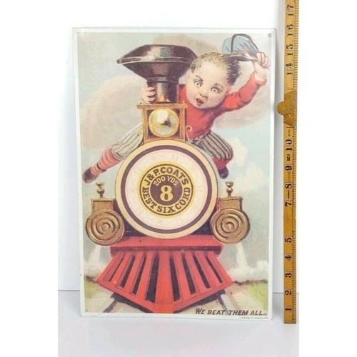"We Beat Them All" J&P Coats Boy Riding Train Vintage Werbung Blechschild - Bild 2 von 5