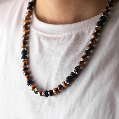 Men's 8mm Natural Tiger Eye Lava Bead Necklace Stainless Steel Toggle 18/20/24" - Picture 4 of 12