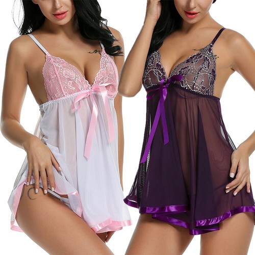 Plus Size Sexy Lingerie for Women Lace Babydoll Sleepwear Chemise Dress Set US - Picture 2 of 21