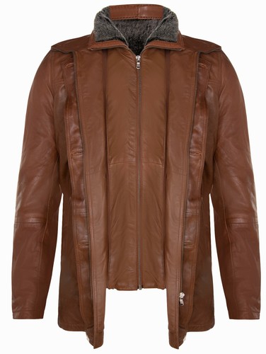 Men's Tan Leather Jacket Classic Removable Collar Mid Length Warm Overcoat - Picture 3 of 6
