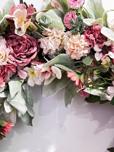 Spring Pink Flowers Front Door Wreath  Country Farm House Wreath Shabby Chic - Picture 5 of 5