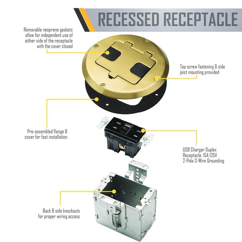RACO Floor Box Kit 6239ACBP Brass 15A/125V Duplex Receptacle Outlet - Picture 4 of 8
