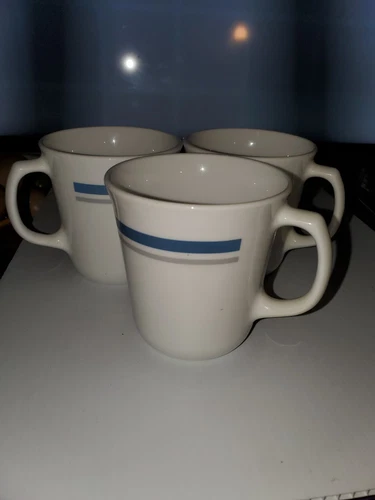 Corning Cups Mugs White w/ Blue & Gray Stripes Set of 4 Vintage USA D Handle