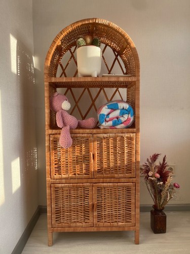 NEW arched cabinet with doors wicker book shelf ecofriendly boho furniture - Picture 4 of 14