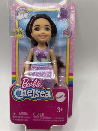 Barbie Club Chelsea Puppe brünette Haare Rock lila Einhorn Mattel 6 Zoll Figur