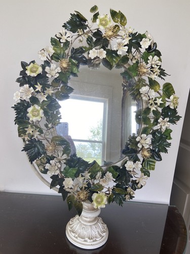 Antique 1940s Italian Tole Cast Metal Painted Green Flowers Swivel Mirror Old - Picture 12 of 12