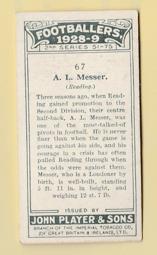 Football John Players Association Footballers 1928-29 #67 A. L. Messer - Lesen - Bild 2 von 2