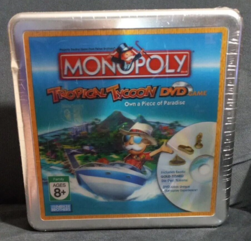 2008 Hasbro Tropical Tycoon DVD Monopoly Game in Tin W/ Gold Pawns New-Sealed! - Afbeelding 1 van 23