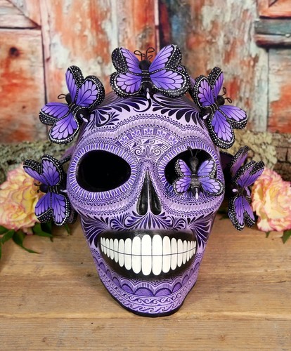 Day of the Dead Sugar Skull Purple Butterflies Handmade Clay Mexican Folk Art