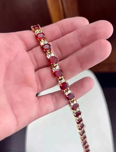 20CT Oval Lab Created Ruby Women's Tennis Necklace 14K Yellow Gold Plated 18" - Picture 2 of 3