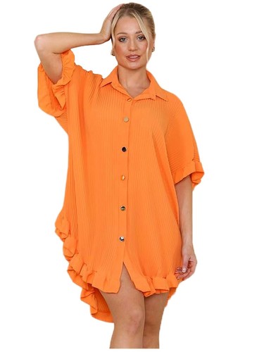 Women Gold Button Pleated Frill Summer Shirt Swing Mini Dress VIRAL TIKTOK Top - Picture 19 of 31
