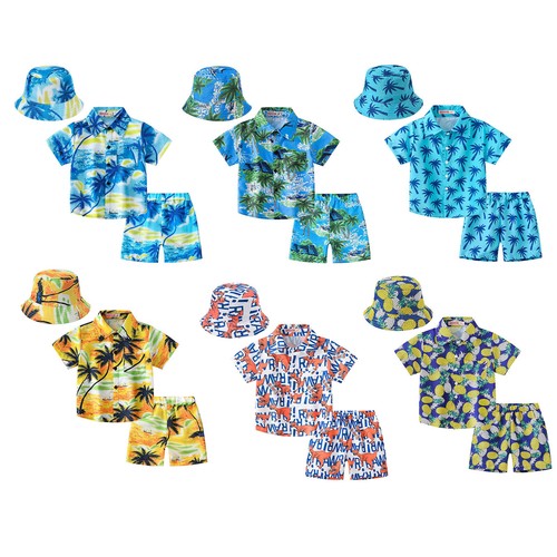 Boys Casualwear 3Pcs Swimsuit Button Down Beachwear Travel Hat Holiday Shirt - Picture 3 of 84