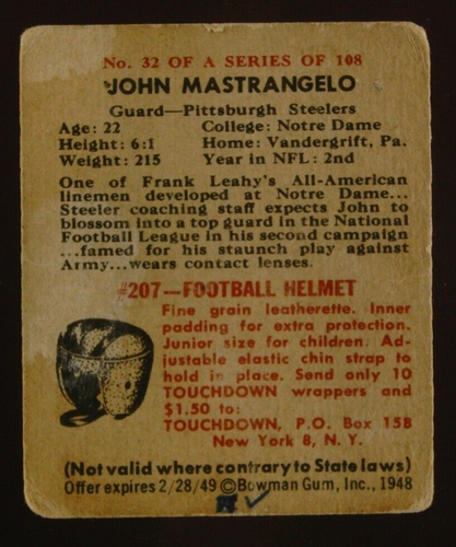 1948 Bowman Football Card #32 John Mastrangelo Pittsburgh Steelers - 第 2/2 張圖片