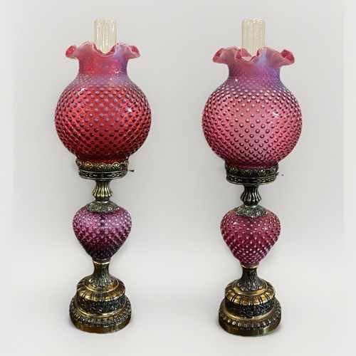 25” Cranberry Hobnail Ruffled Glass Fenton Type Lamp Exc Condition 2 Avail - Picture 1 of 12