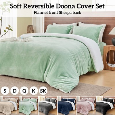 Plush Flannel Sherpa Quilt Cover Set for Warm Cosy Sleep Doona Duvet ...