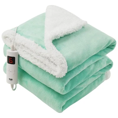 GLAMHAUS Electric Heated Throw Over Blanket Digital Control Large Washable Fleece Green