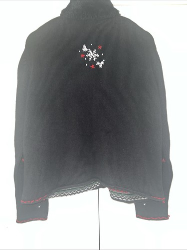 Erika Christmas Knit Sweater Large Black Stockings Mittens Pockets Fur Collar - Picture 4 of 9