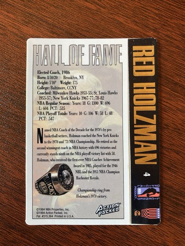 1995 Action Packed Basketball HOF Red Holzman #4 On Card Auto New York Knicks - Bild 2 von 2