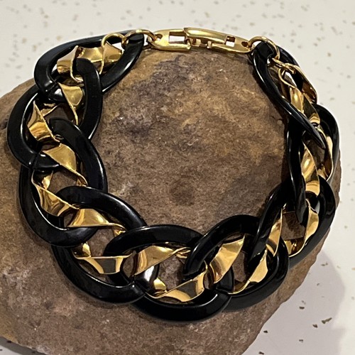 Signiertes Napier Vintage Armband goldfarben und schwarz Emaille 7 Zoll - Bild 2 von 8