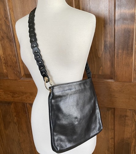 Joseph B exklusive schwarze Leder Schultertasche Handtasche geflochtener Riemen flache Reißverschlüsse - Bild 3 von 13