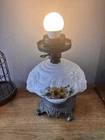 Vintage Milk Glass Floral Table Lamp Ornate Cast Base Sunflowers No Shade