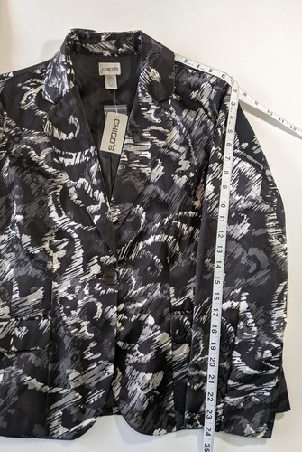 Chico's 2 Women Dressy Blazer Suit Jacket Size L Black Silver Silk Pearl Buttons - Picture 11 of 12