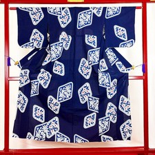 Japanese Kimono 'YUKATA' Cotton/Blue/Flower/Indigo Dyed/Traditional N843