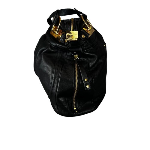 B Makowsky Shoulder Bag Boho Chic Black Leather Gold Hardware Mob Wife - Picture 6 of 14