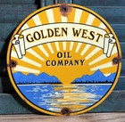 VINTAGE 1949 DATED GOLDEN WEST OIL COMPANY 10” PORCELAIN SIGN GAS MOTOR LUBE