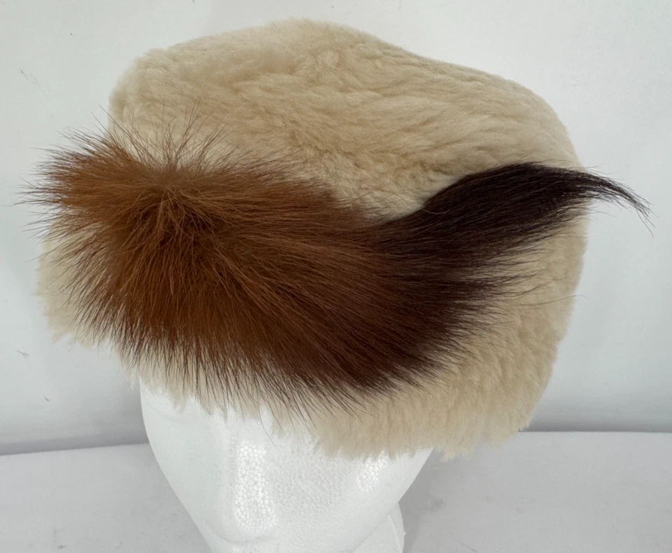 Vintage Beige Shearling Sheepskin Lamb Fur Fox Trim Bucket Cossack Hat Sz S/M - Image 2 of 4