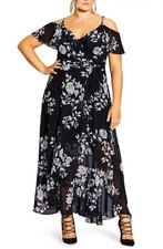 City Chic Floral Cold Shoulder Maxi Dress SZ M/18 Black Ivory