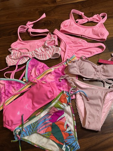 Mix & Match Bikini Bundle Set, XS Pink, Tropical, Ribbed, Tie, Swimsuit, Beach - Picture 2 of 10