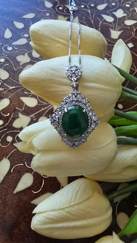 Genuine Nice 4.3ct Jadeite Jade Cabochon (Type A) 925 Silver Pendant with Chain - Picture 2 of 10