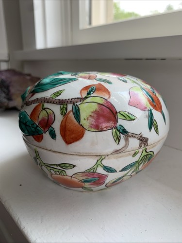 Vintage Chinese Porcelain Rose Famille Peach Box Peaches Covered Jar Dish - Picture 13 of 23