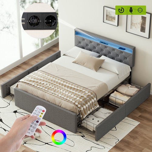 Polsterbett 140x200cm Doppelbett Bettgestell mit Bettkasten USB/ LED-Licht Audio - Bild 6 von 16