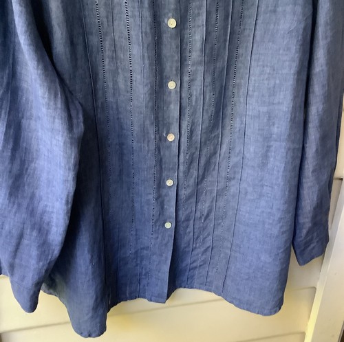 Maggie T Shirt 100% Linen Blue Chambray Blouse 16 XL Pin-tucks Band Collar Top - Bild 4 von 12