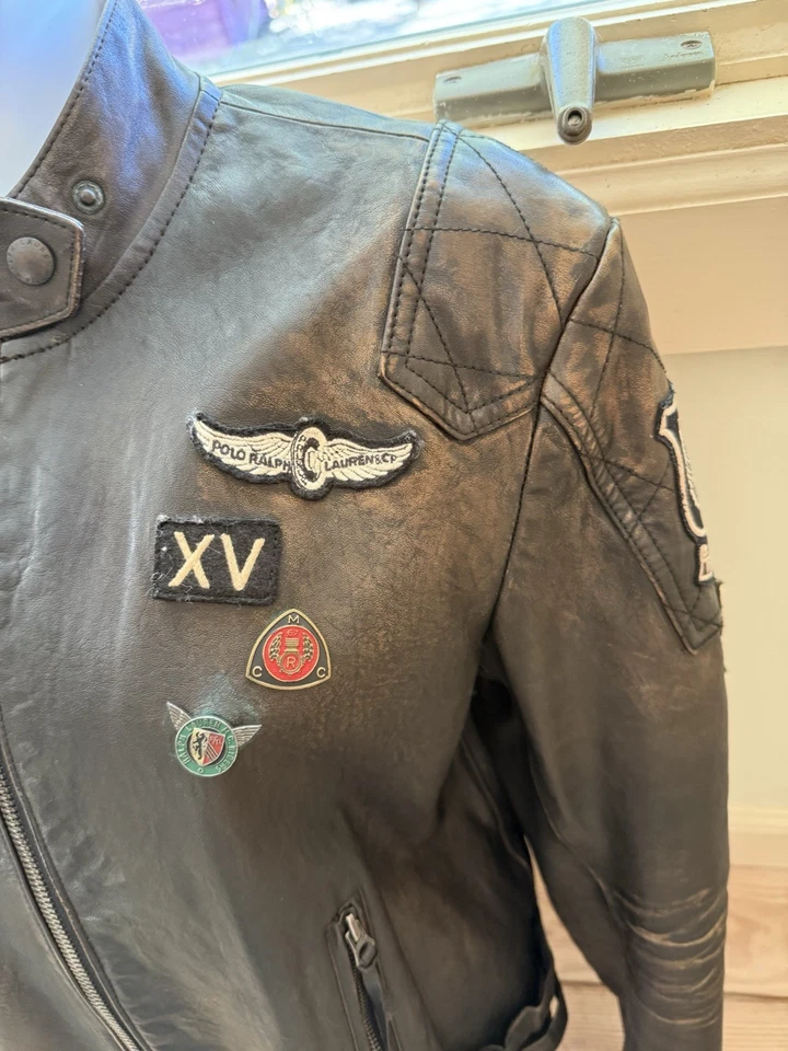 Chaqueta de Motociclista Polo Ralph Lauren CUERO Gráfica DE COLECCIÓN RARA con Parches talla M Foto 2 de 4