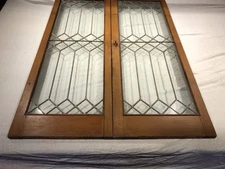 ANTIQUE VTG PAIR LEADED GLASS CABINET DOORS EACH DOOR IS 48” TALL WITH HARDWARE