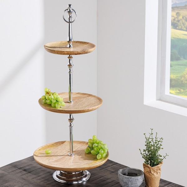 Dekorative Etagere Pure Nature 68Cm Silber Mangoholz Handmade Drei Etagen-image