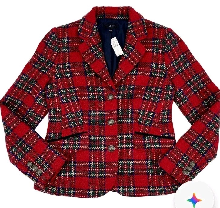 Talbots Red Tartan Plaid Tweed Blazer Wool Blend Plus 14W   - Image 2 of 4