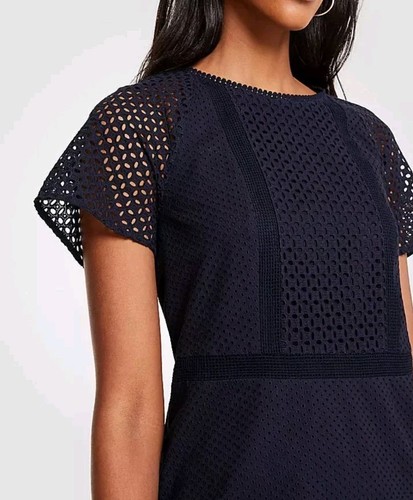 Ann Taylor Damen blau Baumwolle Ösen Kurzarm Fit & Flare Kleid Größe 10 - Bild 2 von 12