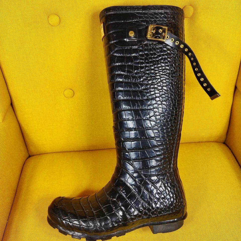 JIMMY CHOO & HUNTER специальный выпуск дождя крокодила черный животное/гепард печати Sz 4B - Изображение 3 из 4