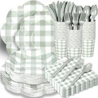 416 Pcs Sage Green Gingham Party Supplies - For 52 Guests Paper Plates And Na...