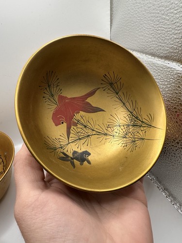Vintage Set of 4 Japanese Lacquer Hand Painted Bowls Each Different - Picture 12 of 14
